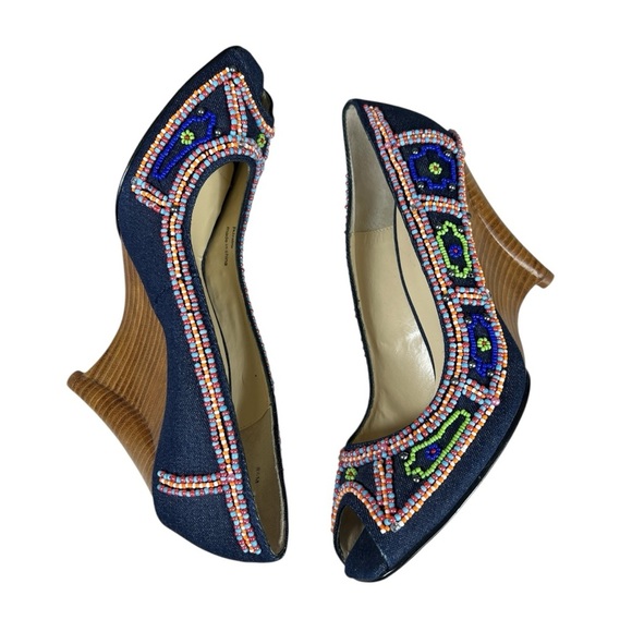 Jessica Bennett Jkirabu Beaded Denim Peep Toe Wedge Heels Beaded Wooden Platform - Picture 4 of 13